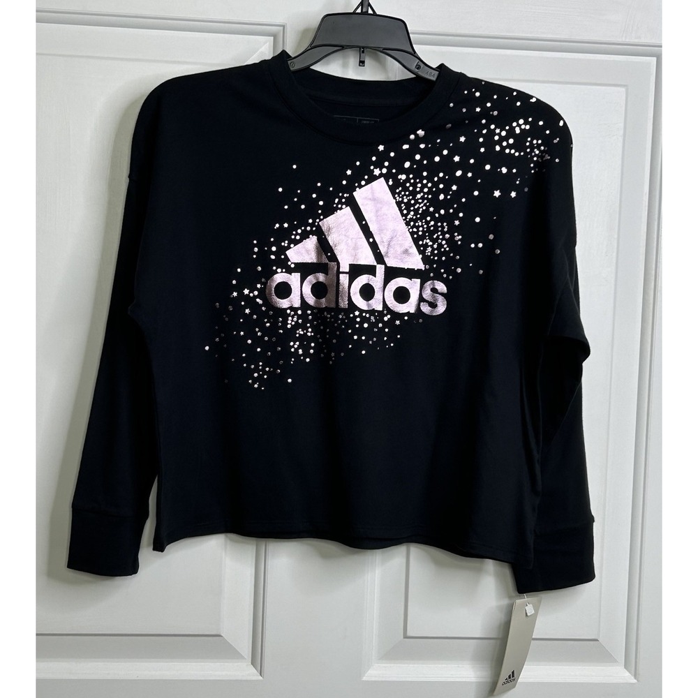 Adidas Long Sleeve Waist Crewneck Tee Girls Small 7 / 8 Black Purple Star Print